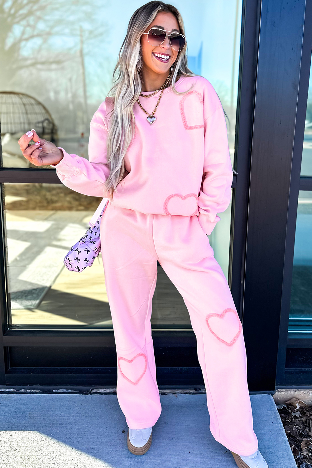 Phalaenopsis Chenille Heart Pattern Casual 2pcs Pants Set - Image 5