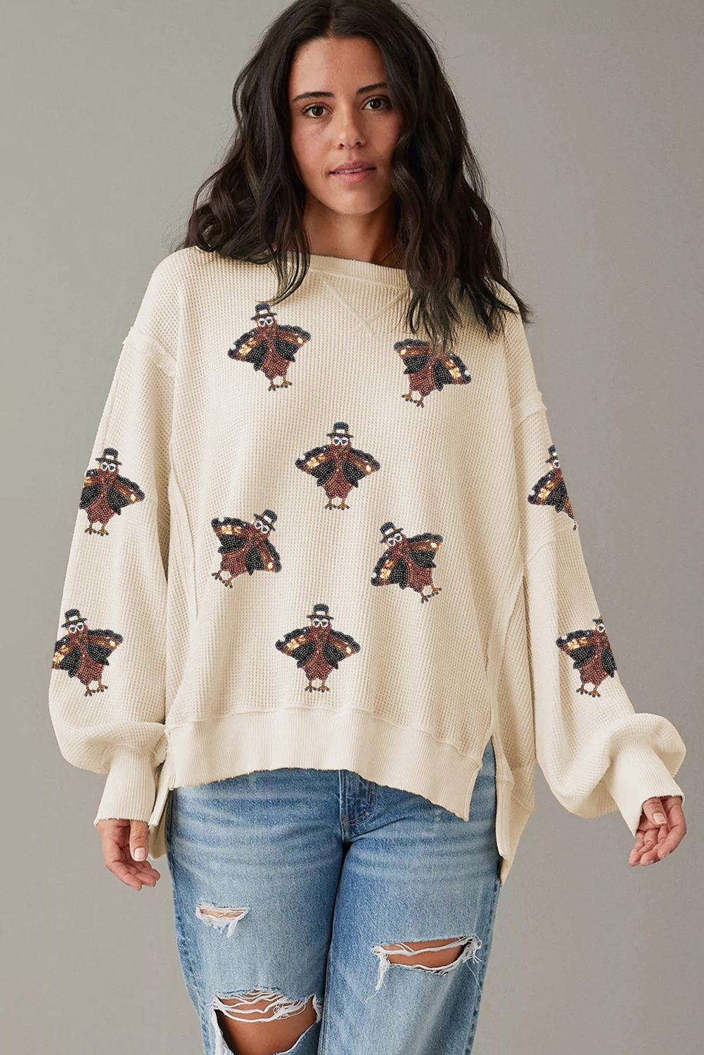 White Thanksgiving Turkey Waffle Oversized Knit Top - Image 3