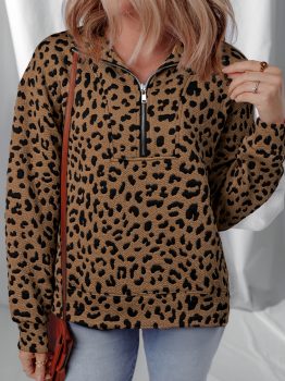 Brown Leopard Print Quarter Zip Sweatshirt