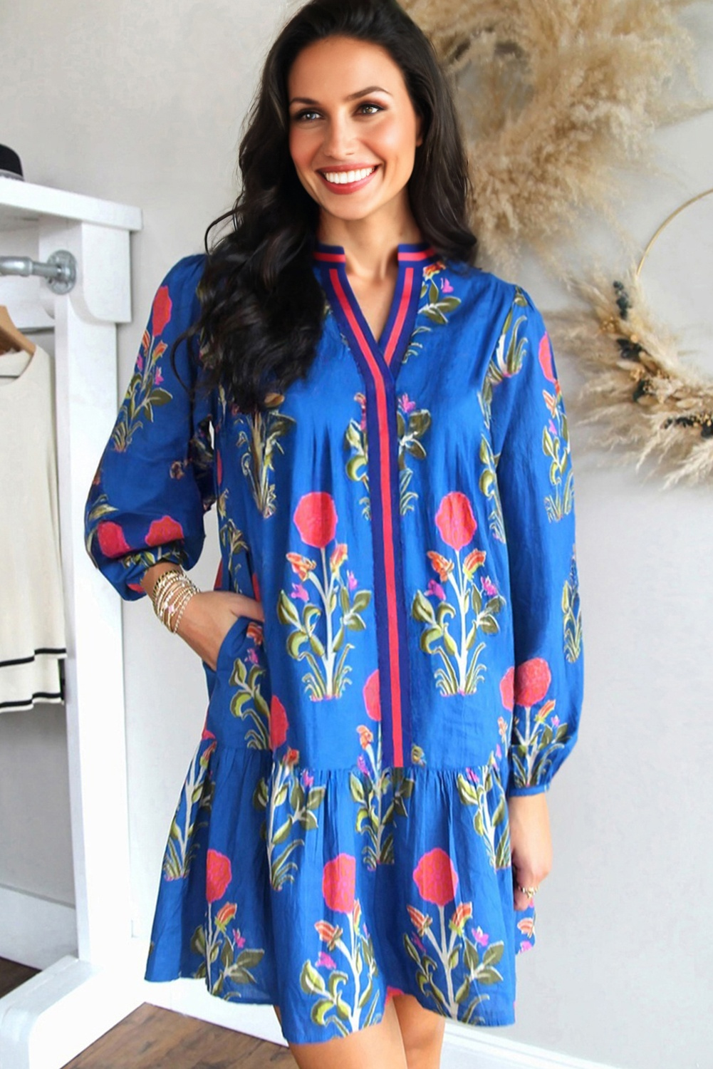 Sky Blue Floral Print Contrast Striped Trim Notched Neck Long Sleeve Dress - Image 3