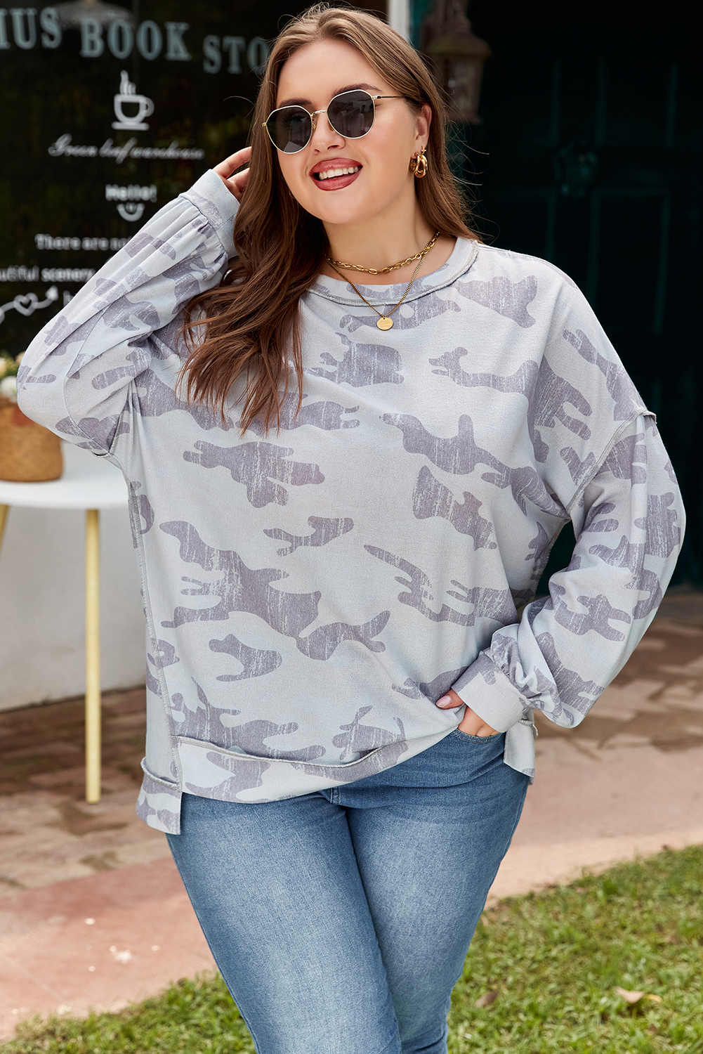 Multicolour Camouflage Print Round Neck Plus Size Sweatshirt - Image 6