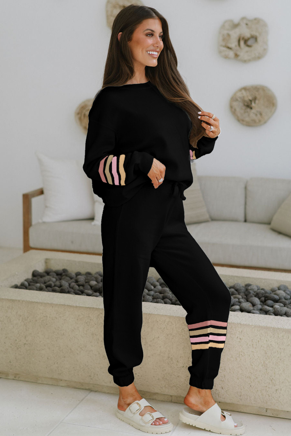 Black Striped Drop Shoulder Round Neck Pullover and Jogger Pants Active Outfit - Image 2