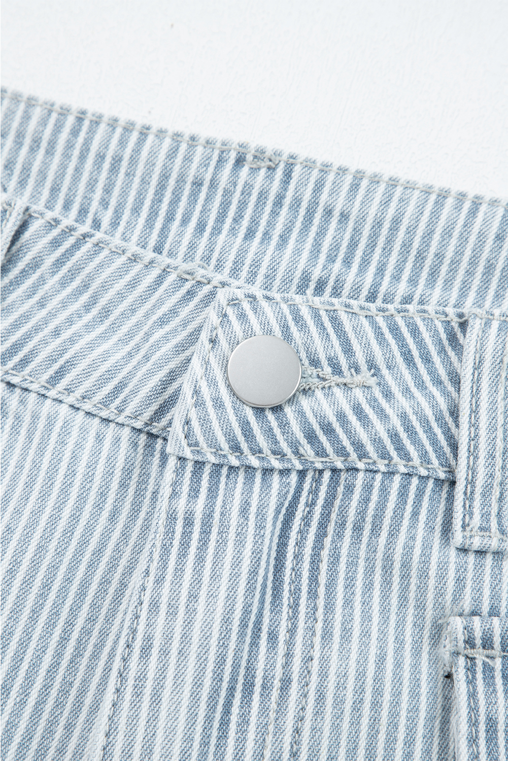 Sky Blue Stripe Button Flap Pocket Cuffed Hem Wide Leg Jeans - Image 6