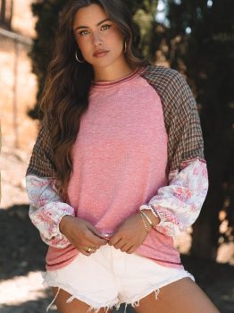 Fushia Mixed Print Raglan Sleeve Ribbed Knit Patchwork Blouse