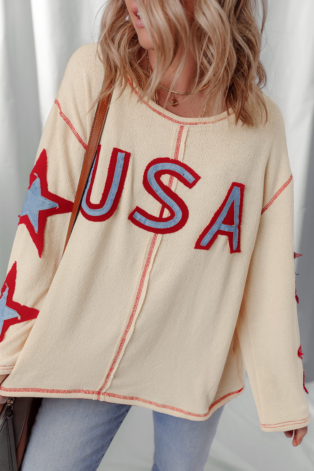 Beige USA Star Contrast Patchwork Exposed Seam Long Sleeve Top - Image 4