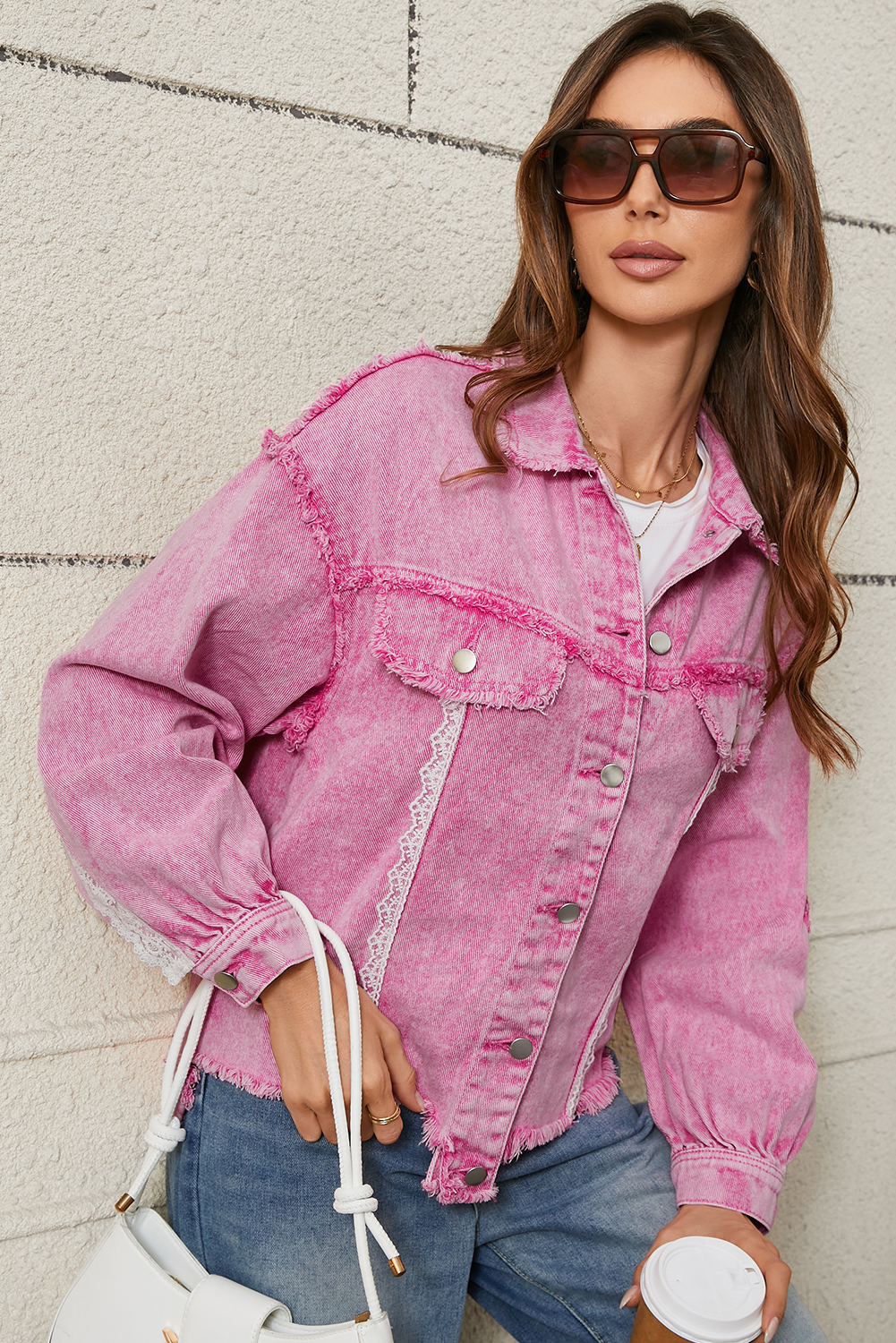Pink Lace Patchwork Distressed Buttoned Denim Jacket - Image 6
