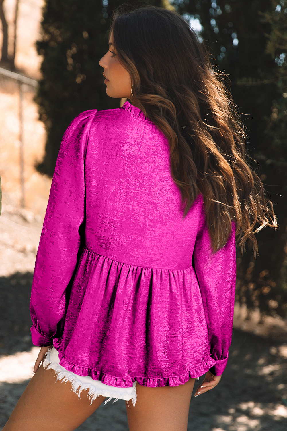 Rose Red Metallic Frilled V Neck Puff Sleeve Babydoll Blouse - Image 2