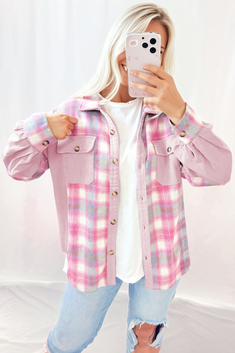 Pink Brushed Plaid Corduroy Flap Pockets Patchwork Shacket - Image 2