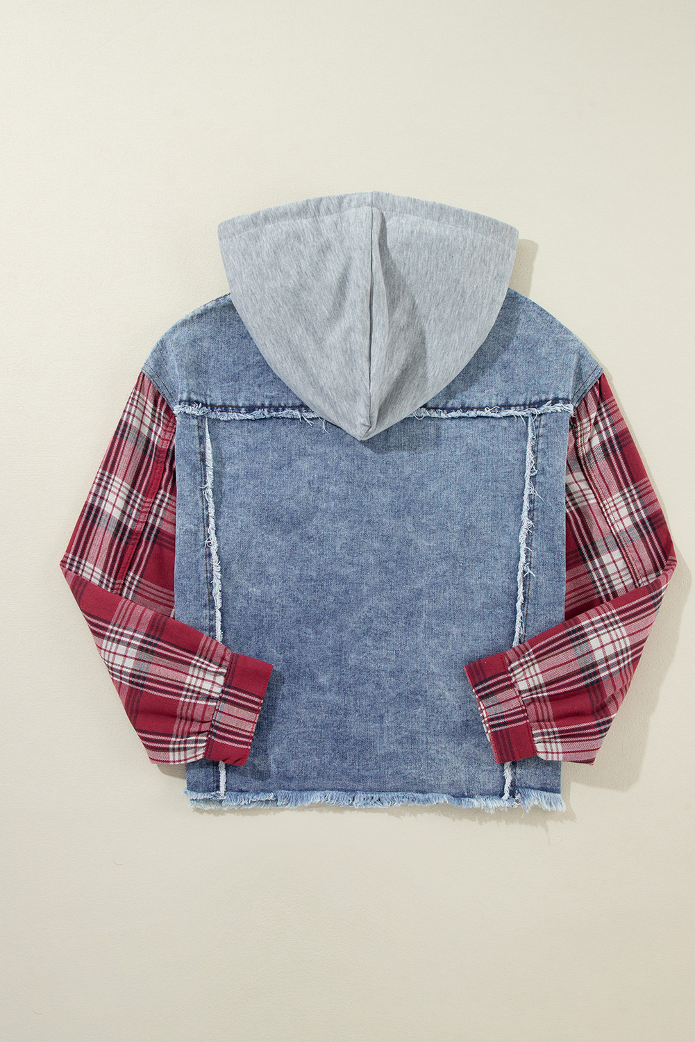 Beau Blue Plaid Print Patchwork Hooded Raw Hem Denim Jacket - Image 7