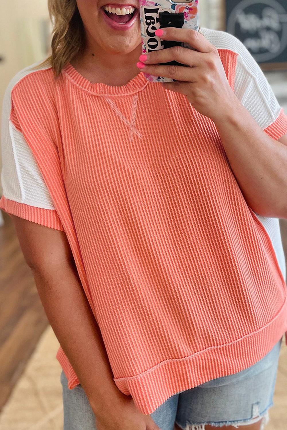 Carrot Twist Rib Colorblock Hi Low Plus Size Short Sleeve Top - Image 8