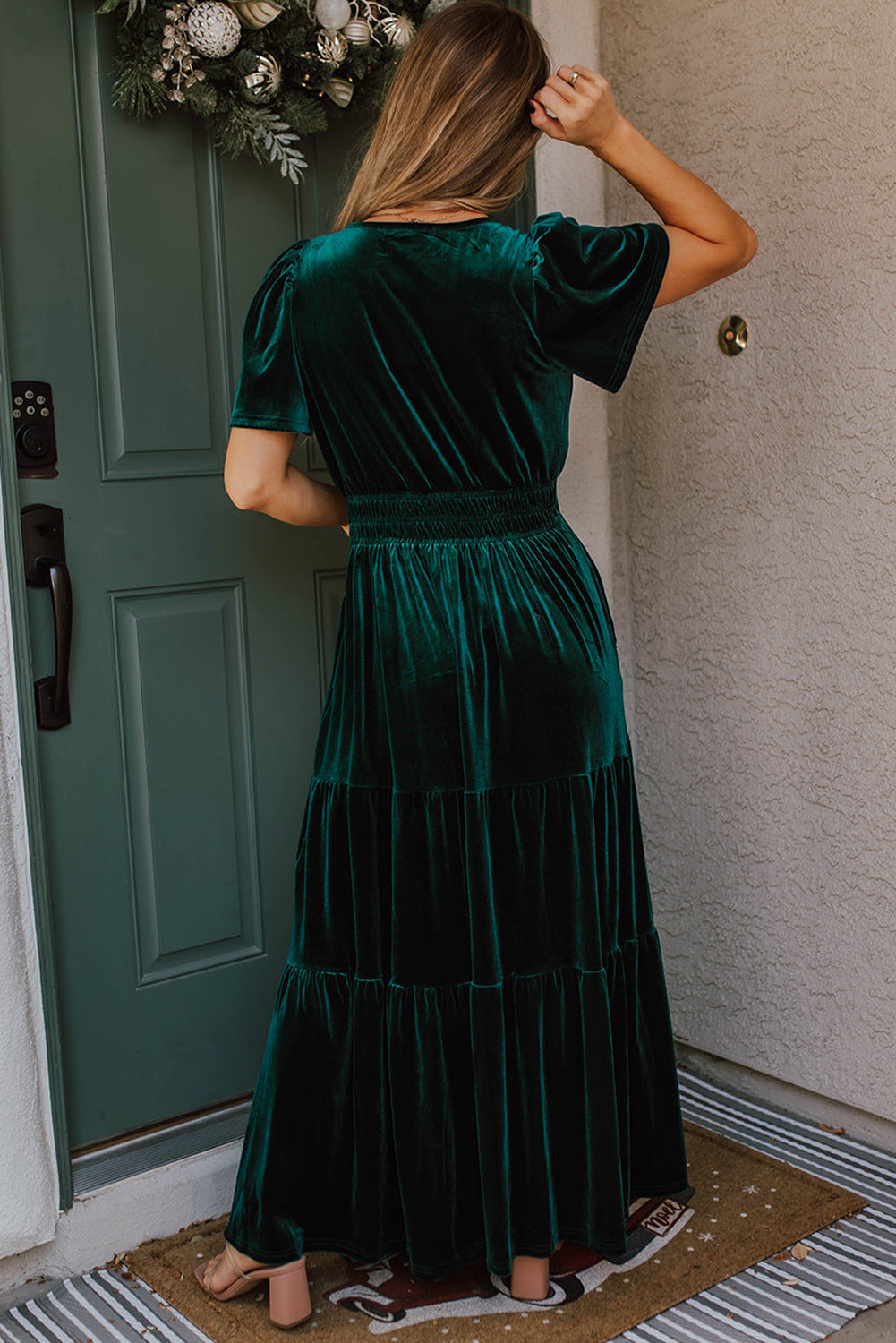Evergreen Velvet Short Sleeve Shirred Waist Tiered Maxi Dress - Image 7