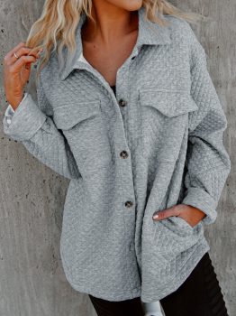 Gray Retro Quilted Flap Pocket Button Shacket