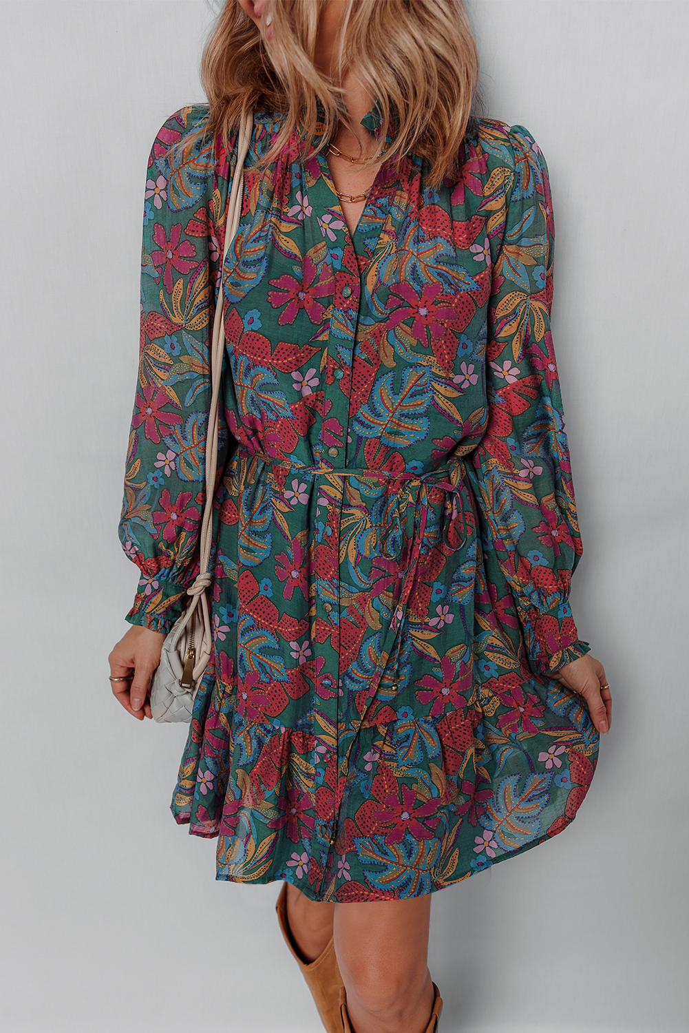 Green Floral Friled V Neck Puff Sleeve Ruffled Shirt Dress - Image 3