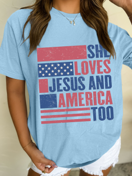 Light Blue SHE LOVES JESUS AND AMERICA TOO Flag Graphic T Shirt