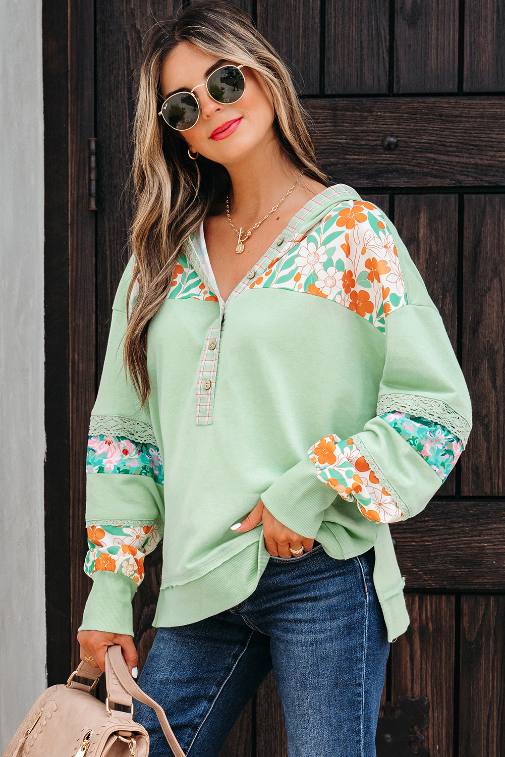 Clearly Aqua Lace Floral Patchwork Half Button Hooded Pullover - Image 3