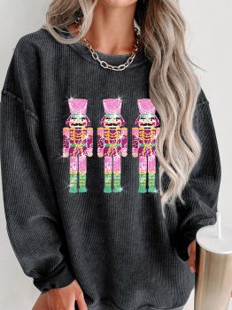 Black Christmas Sequined Nutcrackers Mineral Wash Corded Sweatshirt