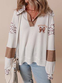 White game day Rugby Bow Embroidered Graphic Leopard Collar Color Block Patchwork Top