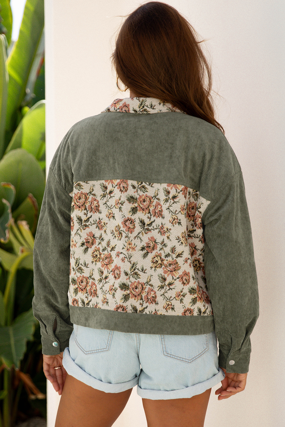 Sage Green Ribbed Retro Floral Patchwork Shirt Style Jacket - Image 2