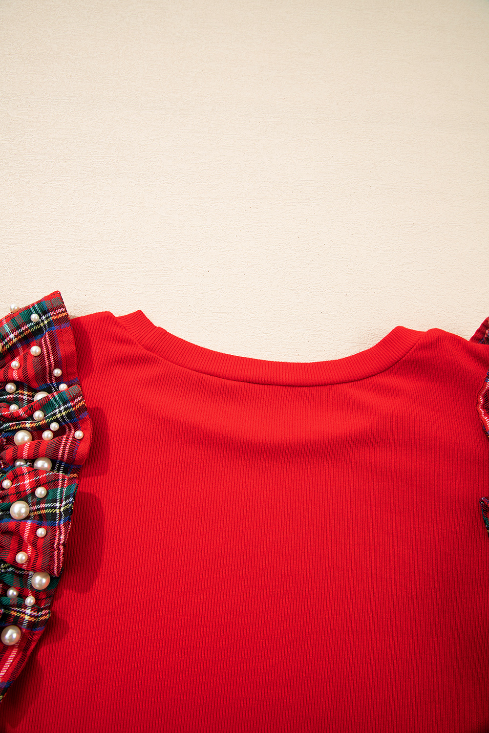 Racing Red Plaid Pearl Ruffle Short Sleeve Loose T Shirt - Image 8