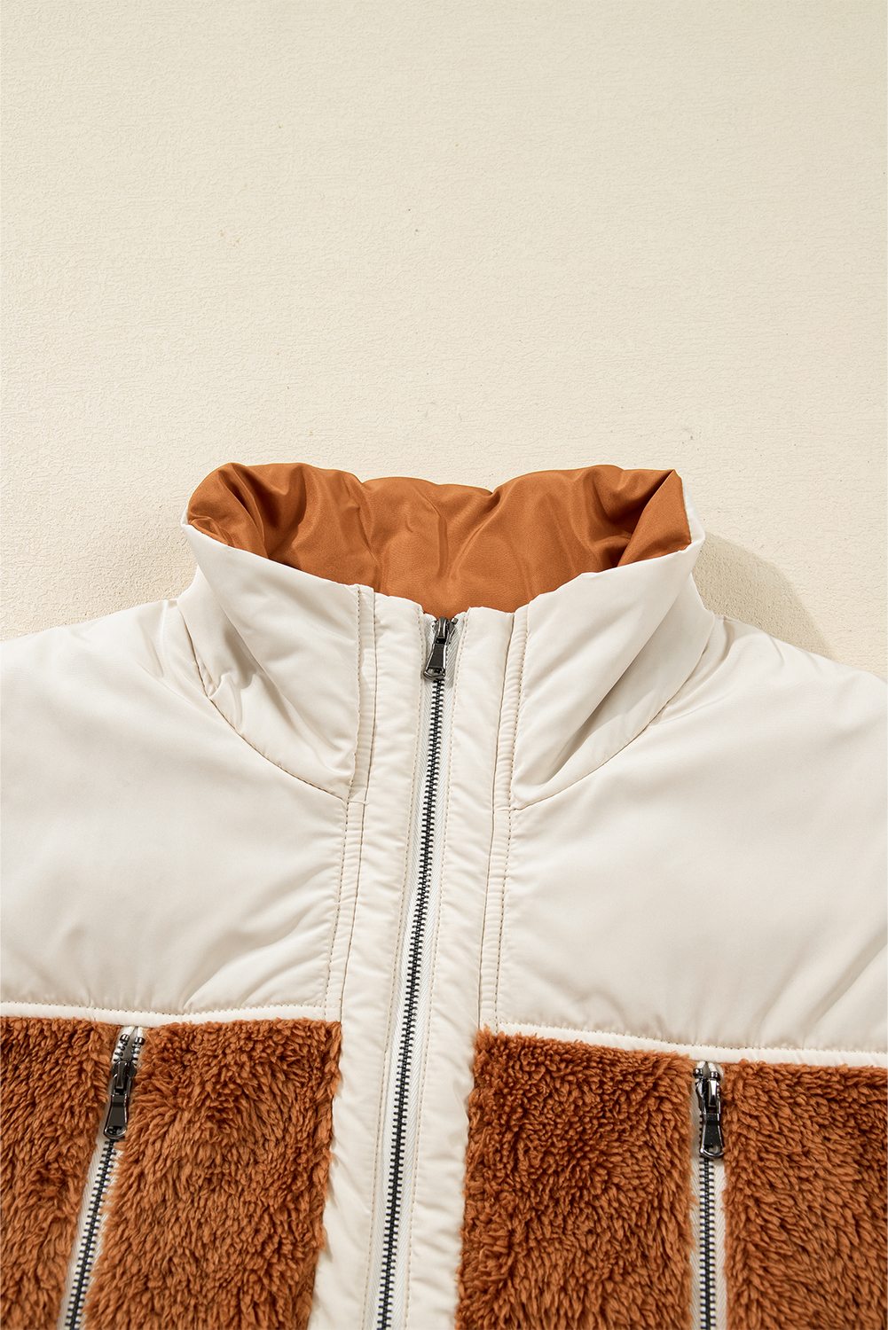 Chestnut Color Block Plush Patchwork Zipper Stand Neck Vest - Image 6