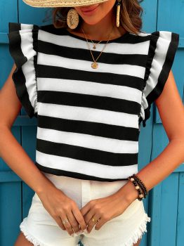 Black Stripe Flutter Sleeve Round Neck T Shirt