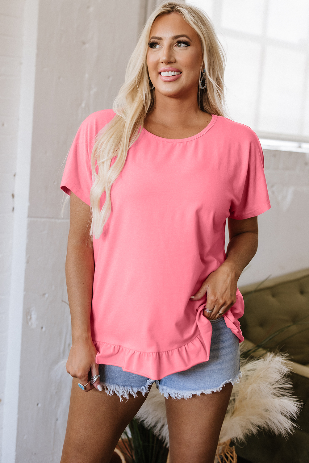 Pink Frilled Hem Loose T-Shirt - Image 6