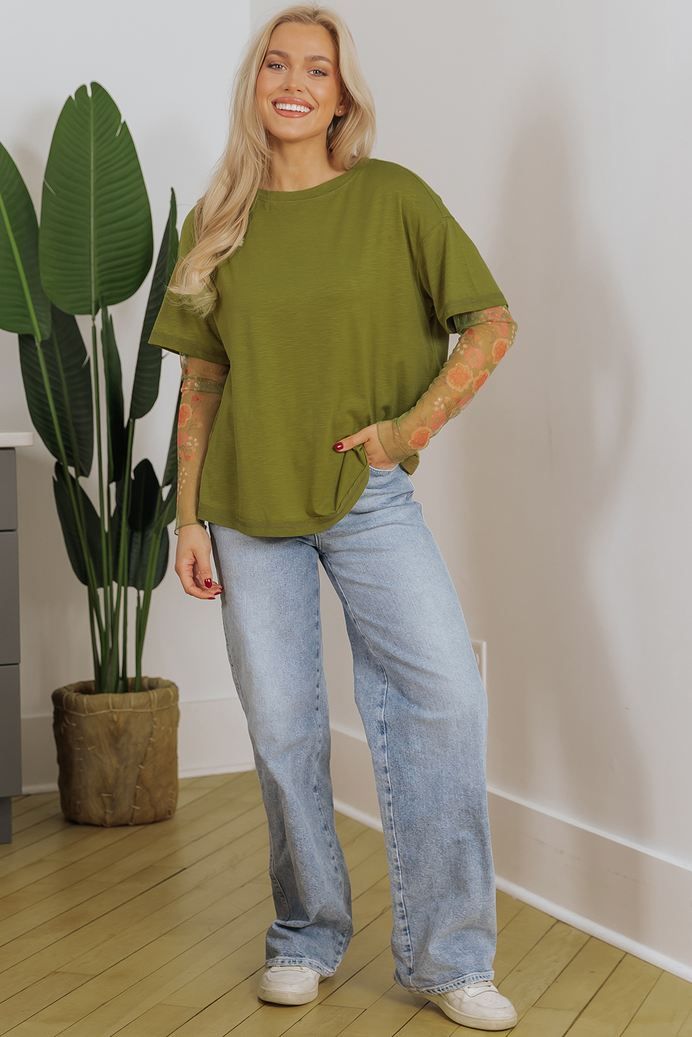 Fern Green Faux Two Piece Floral Long Sleeve Patchwork Tee - Image 7