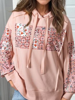 Delicacy Mix Floral Patchwork Side Slit Drawstring Hoodie