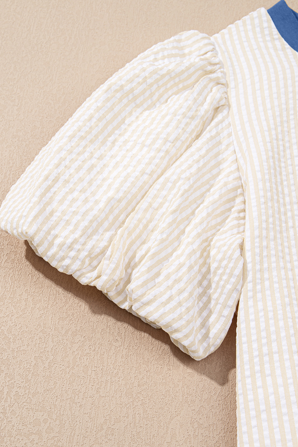 Beige Stripe Seersucker Contrast Round Neck Puff Sleeve T Shirt Dress - Image 7