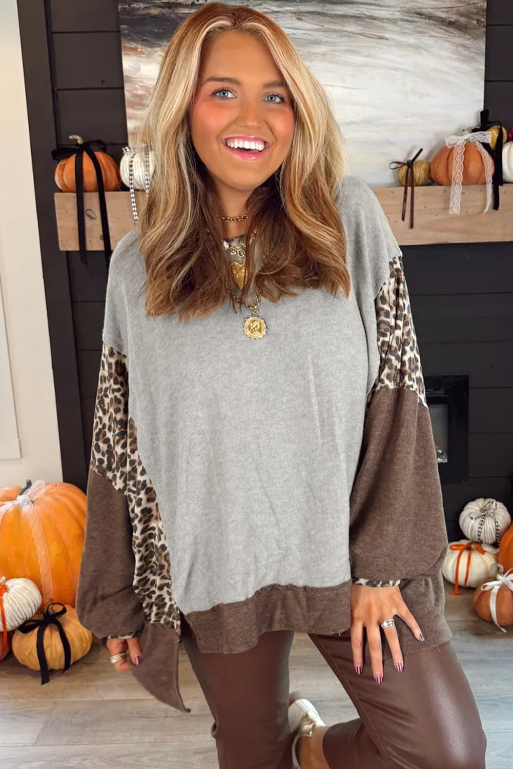 Gray Color Block Leopard Patchwork Dolman Sleeve High Low Baggy Sweatshirt - Image 4