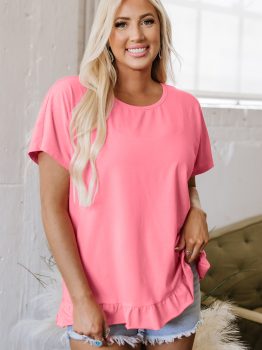 Pink Frilled Hem Loose T-Shirt