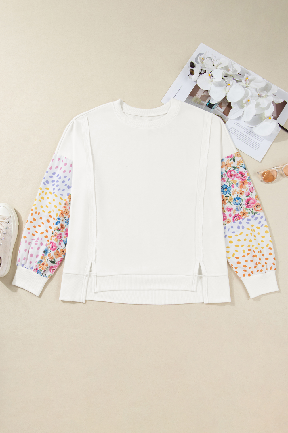 White Plus Size Exposed Seam Detail Contrast Dot Floral Patchwork Sleeve Sweatshirt - Image 3