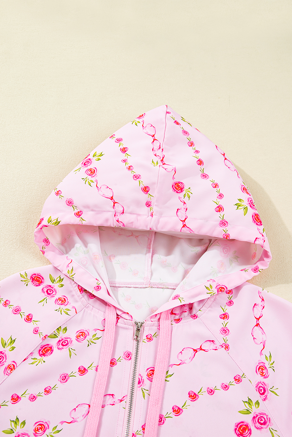 Pink Floral Print Half Zip Kangaroo Pouch Drawstring Hoodie - Image 5