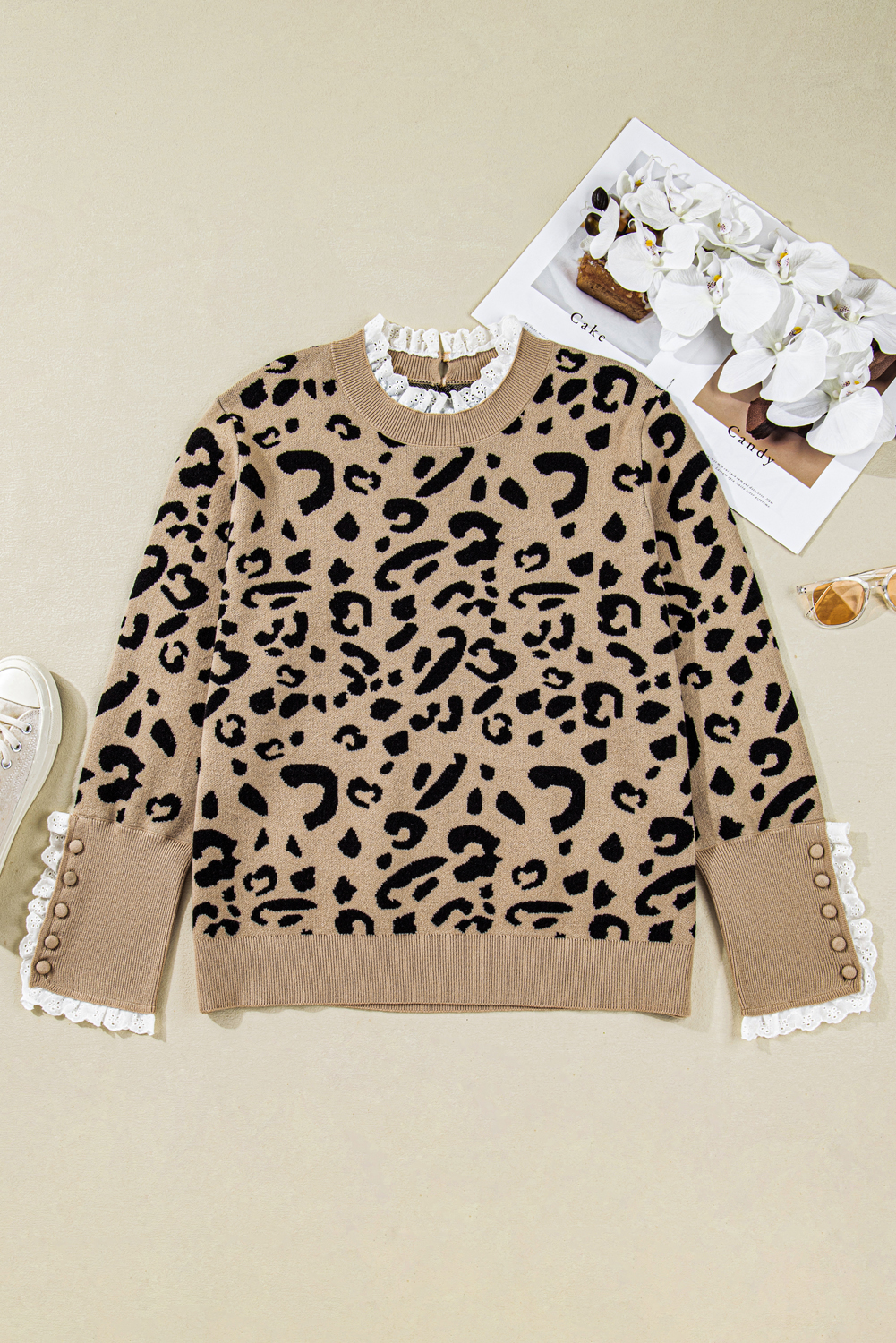 Brown Leopard Knitted Lacy Trim Cuffed Plus Size Sweater - Image 8