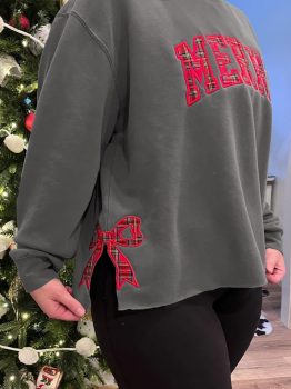 Medium Grey Plaid MERRY Bow Embroidered Plus Size Sweatshirt with Side Slits