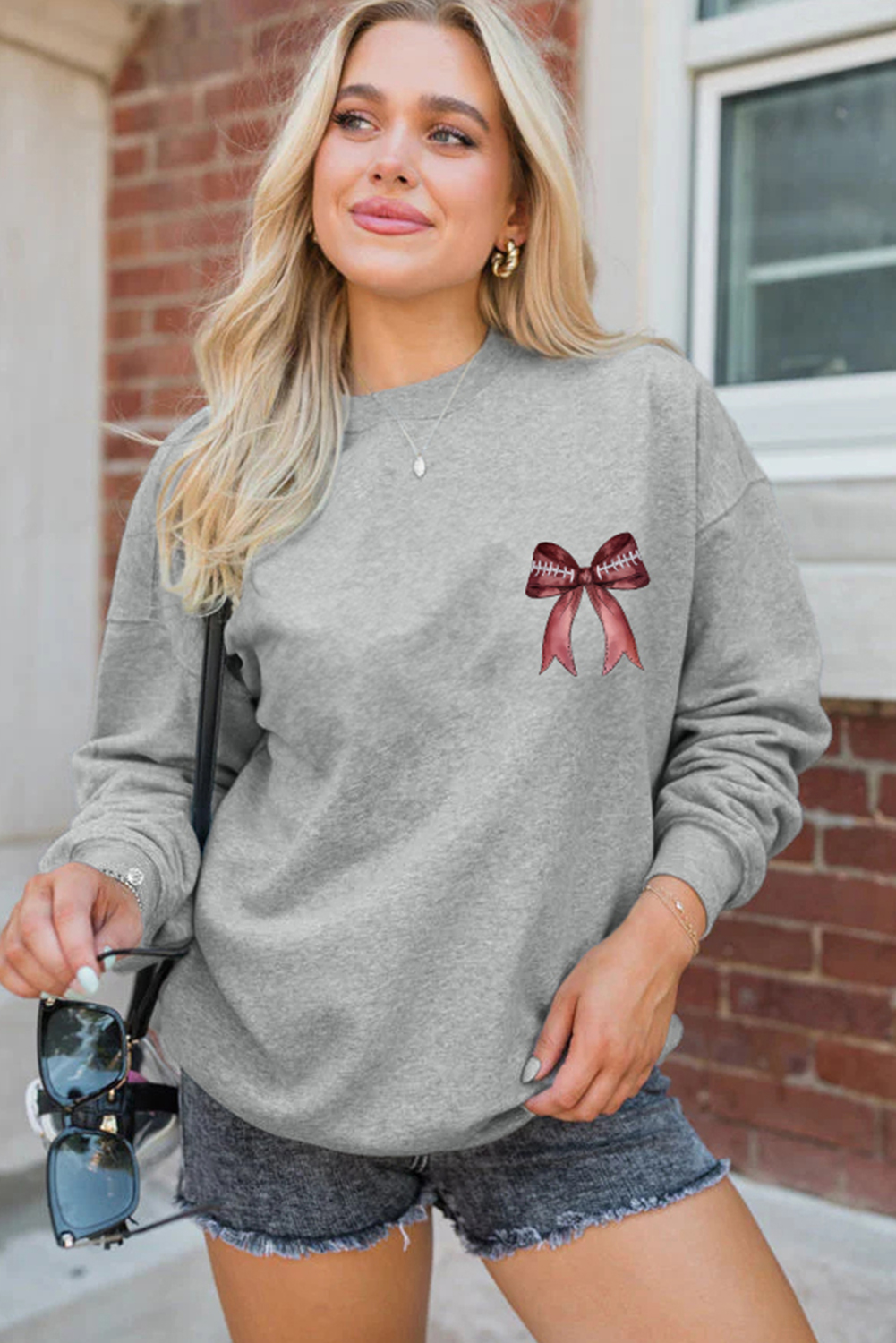 Gray Football Bow Print Drop Shoulder Pullover Sweatshirt - Image 2