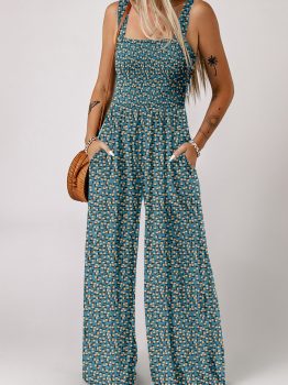 Green Floral Print Smocked High Waist Square Neck Jumpsuit