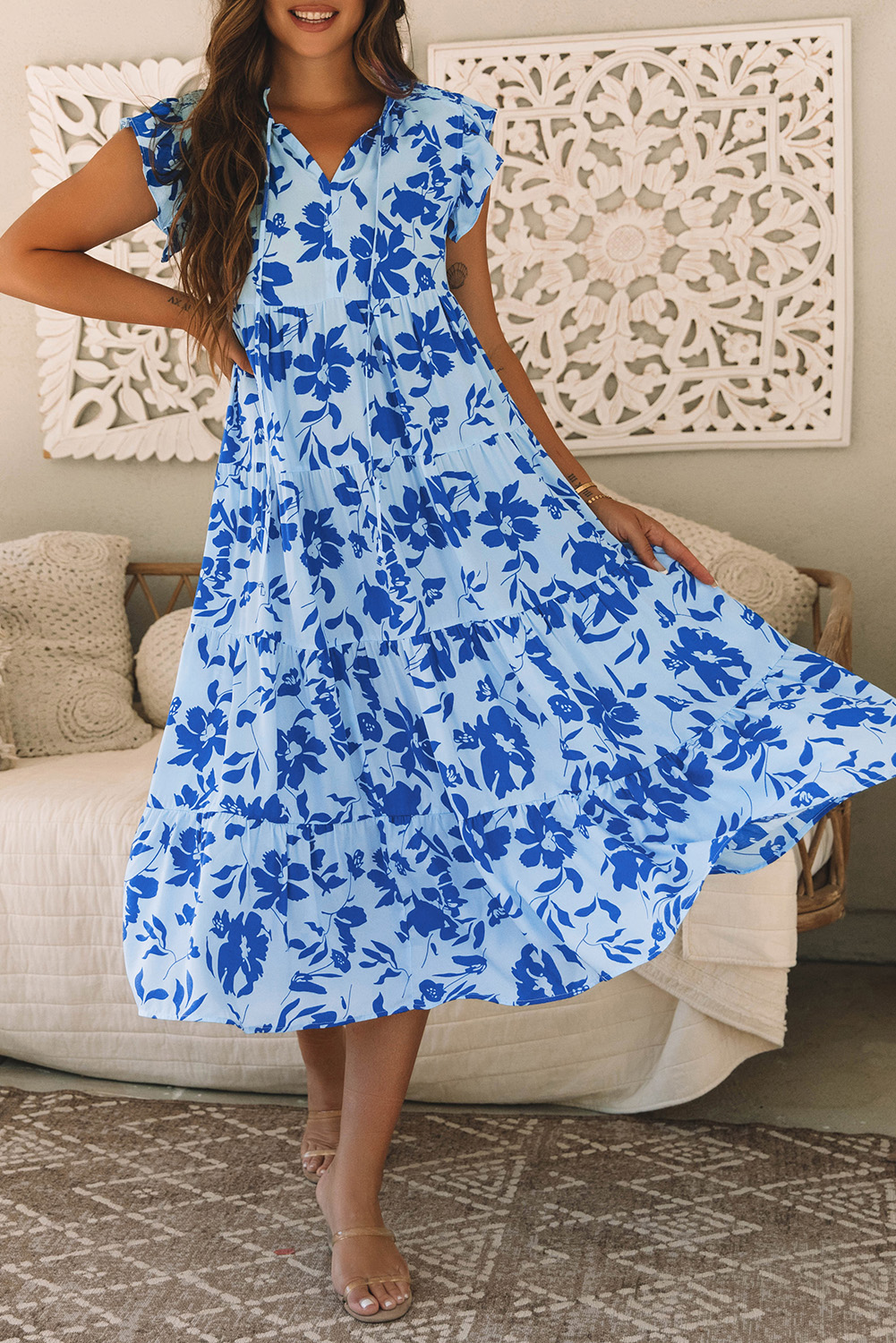 Sky Blue Floral Print Tiered Frilled Trim Flutter Sleeve Maxi Dress - Image 5
