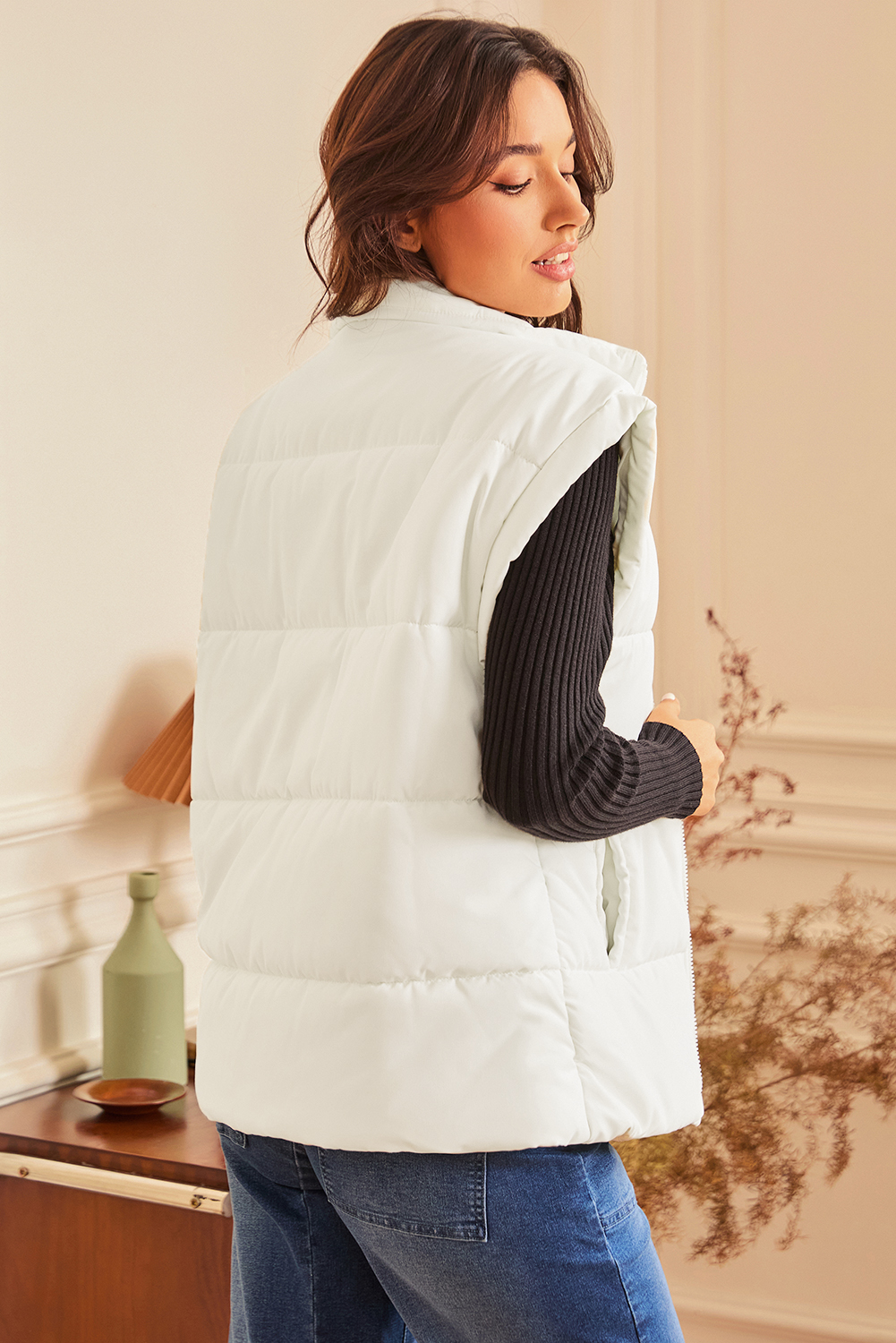 Beige Zipper Stand Neck Oversized Puffer Vest - Image 3