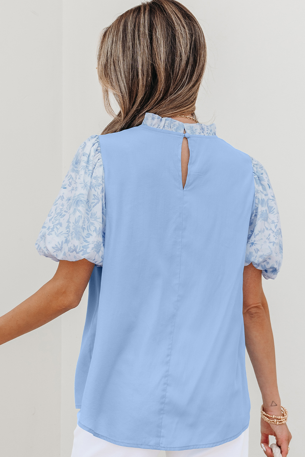 Beau Blue Lace Insert Floral Puff Sleeve Patchwork Loose Blouse - Image 2