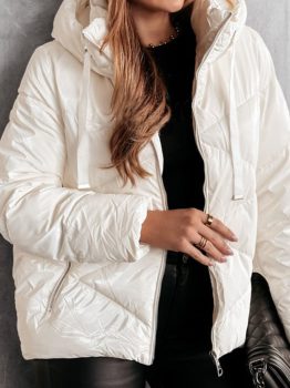 White Solid Quilted Hooded Zip Up Puffer Coat