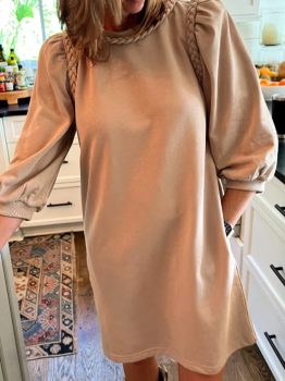 Light French Beige Braided Trim Puff Sleeve Dress