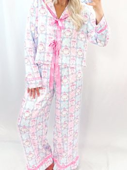 Pink Bow Wreath Pattern Christmas Holiday Tied Front Long Sleeve 2pcs Pajama Set
