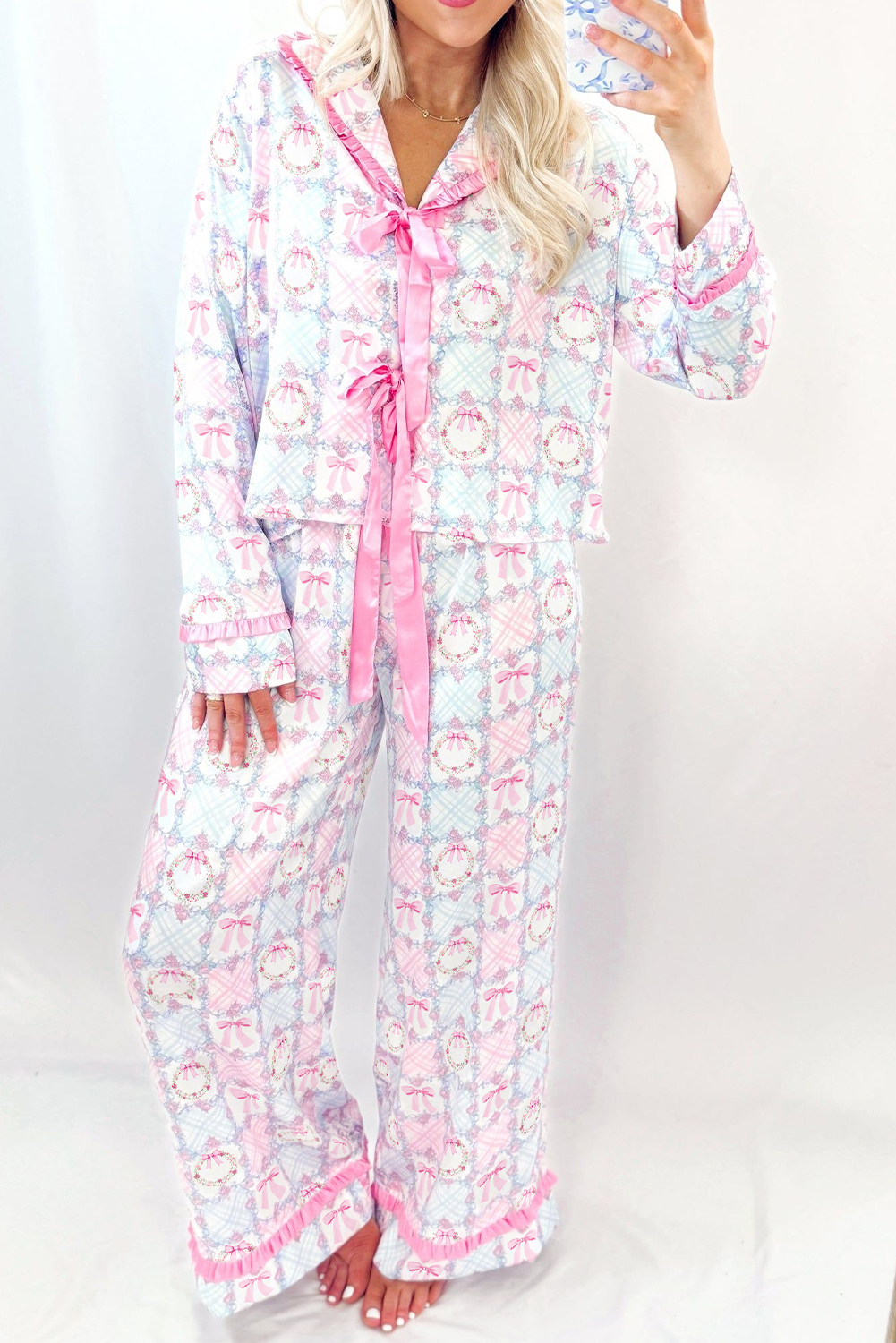 Pink Bow Wreath Pattern Christmas Holiday Tied Front Long Sleeve 2pcs Pajama Set