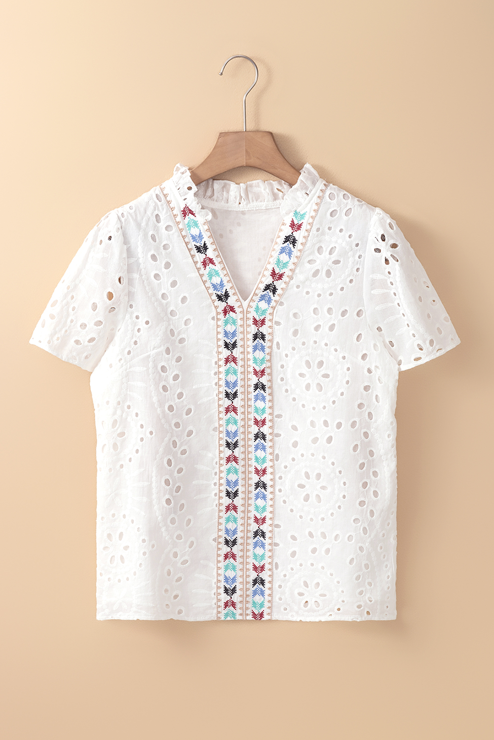 White Geometric Embroidery Hollow Out Blouse - Image 5