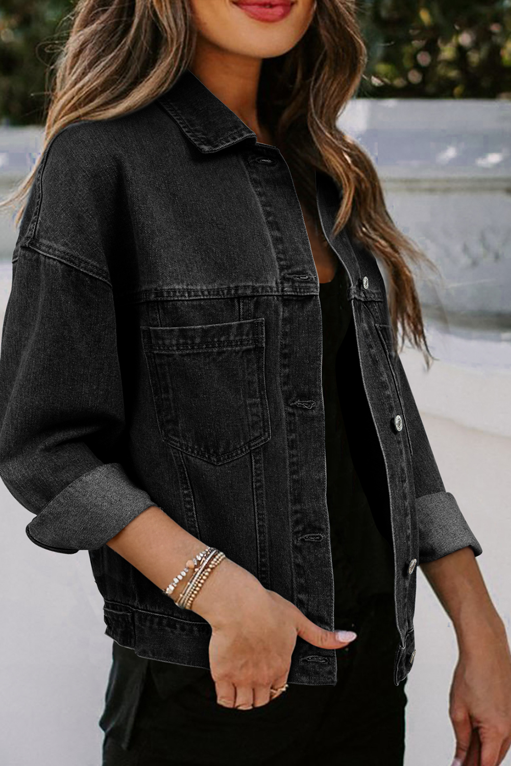 Black Washed Oversize Pocketed Denim Jacket - Image 6