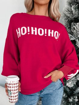 Fiery Red HO HO HO MERRY CHRISTMAS Drop Shoulder Loose Sweater