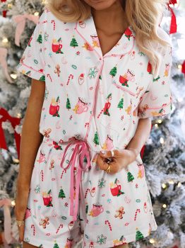 White Christmas Spirits Shirt Style 2pcs Short Pajama Set