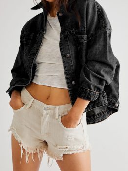 Black Washed Oversize Pocketed Denim Jacket