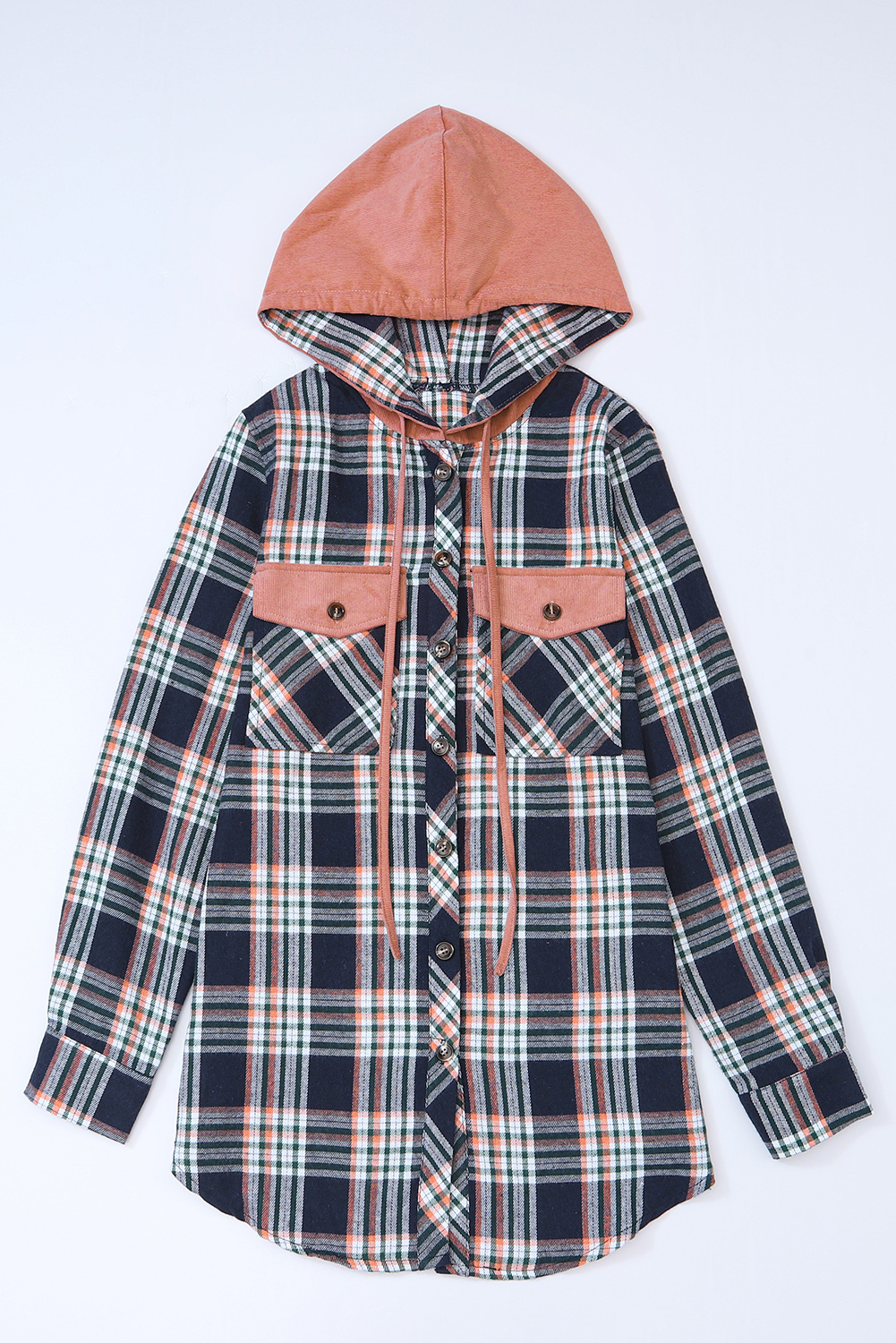 Pink Contrast Hooded Drawstring Plaid Shacket - Image 7